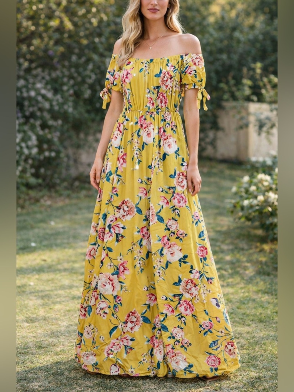 Band of Gypsies Yellow Floral Maxi Dress Off Shoulder